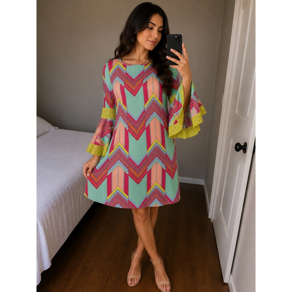 Judith March Women Medium Mint Green Pink Chevron Flounce Sleeve Shift Dress